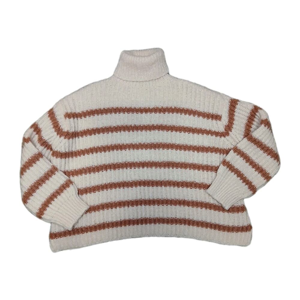 Sadie & Sage Women’s Sweater Small Cream Brown Striped Turtleneck Chunky Knit
